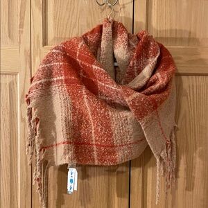 Cozy Plaid Fringe Blanket Scarf Tan Rust Color Time and Tru NWT